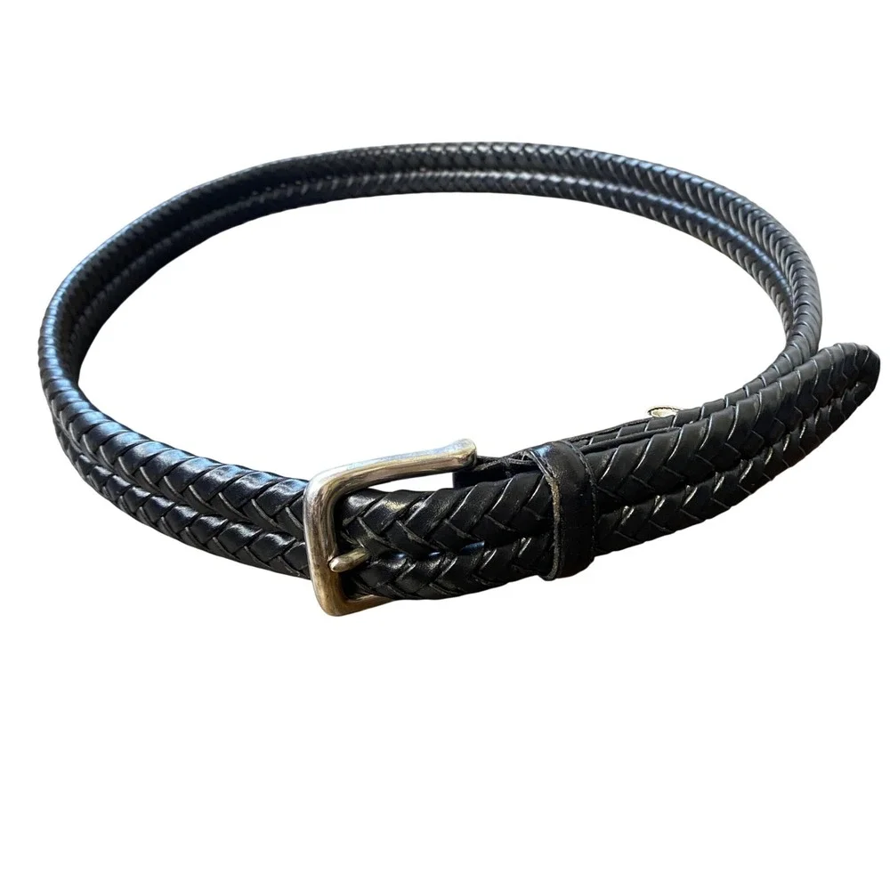 Fossil Mens Black Braided Woven Leather Belt Silver Buckle MB3040001 Size 40